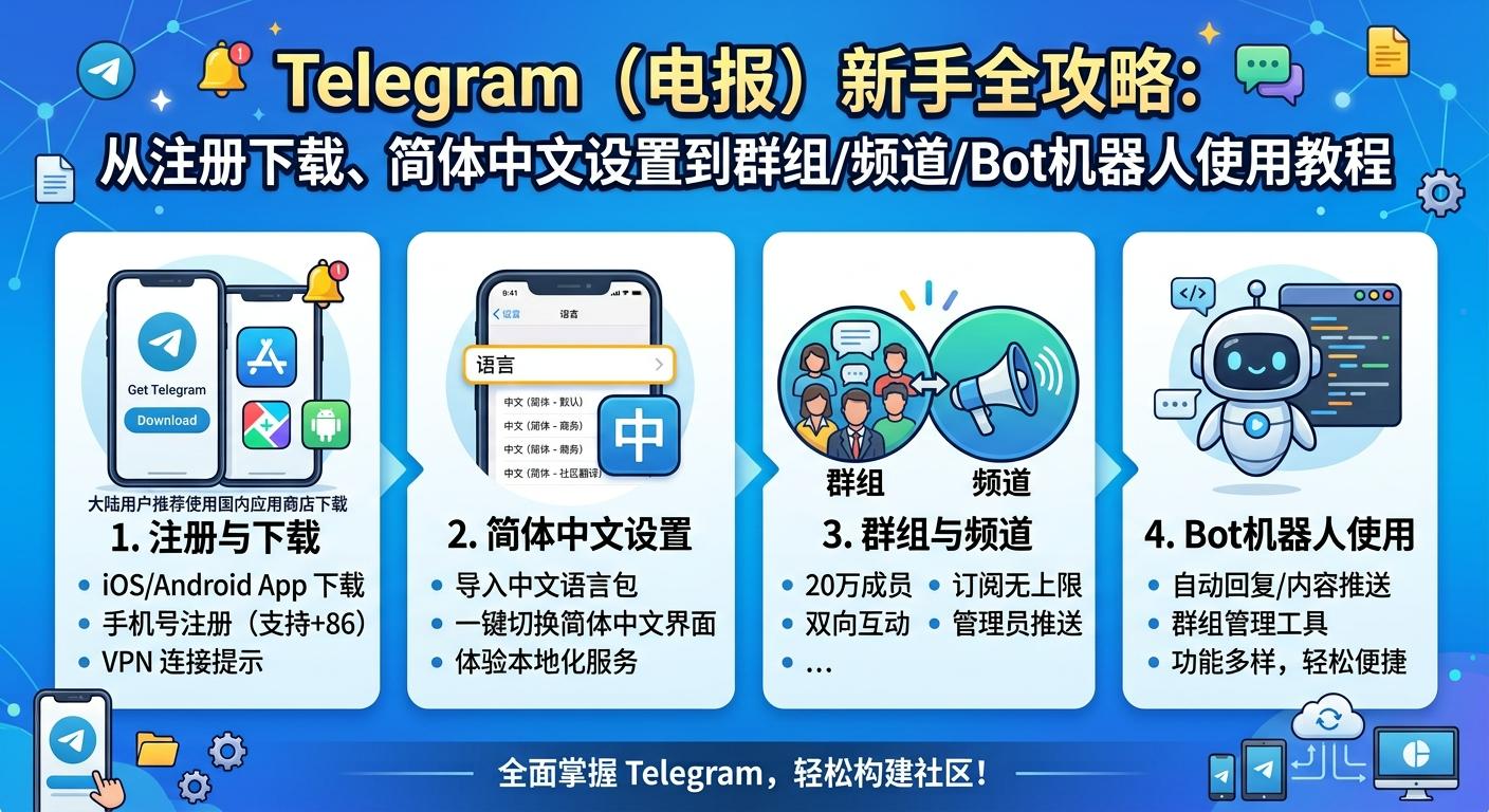 Telegram新手攻略:从注册下载、简体中文设置到群组/频道/Bot机器人使用教程封面图